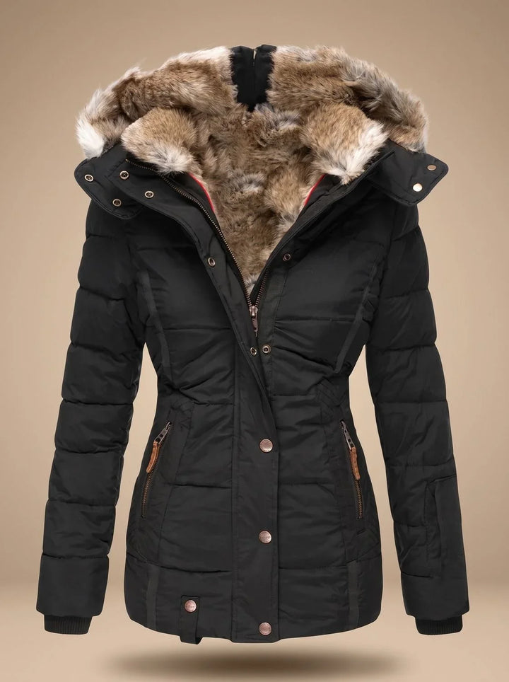 Quilted Puffer Coat with Faux Fur Hood and Cinched Waist - Marl &amp; Mere