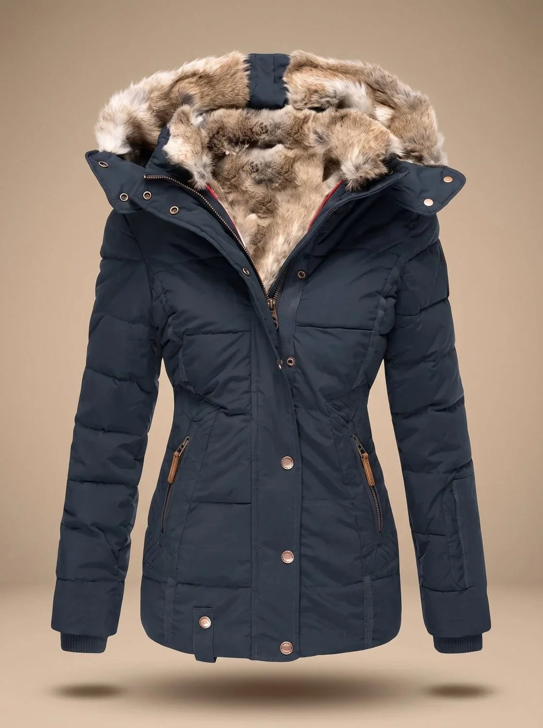 Quilted Puffer Coat with Faux Fur Hood and Cinched Waist - Marl &amp; Mere