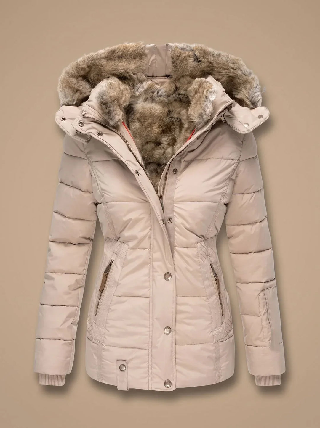 Quilted Puffer Coat with Faux Fur Hood and Cinched Waist - Marl &amp; Mere