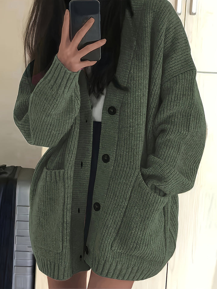 Relaxed Chunky Rib Knit Cardigan with Button Front and Pockets
