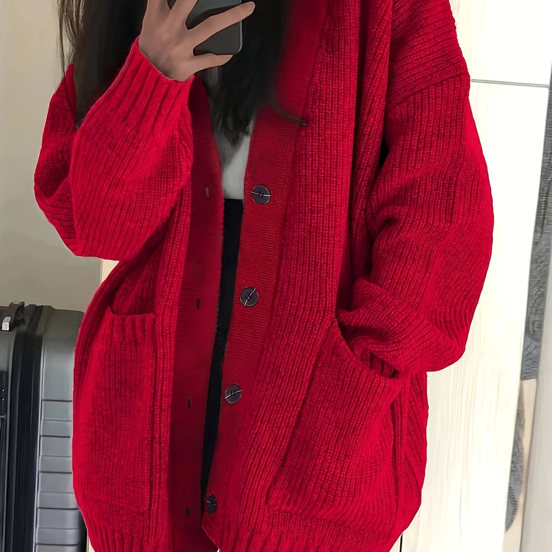 Relaxed Chunky Rib Knit Cardigan with Button Front and Pockets