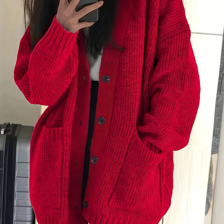 Relaxed Chunky Rib Knit Cardigan with Button Front and Pockets
