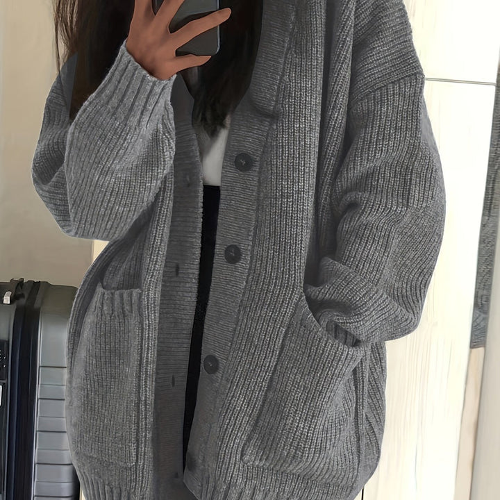 Relaxed Chunky Rib Knit Cardigan with Button Front and Pockets