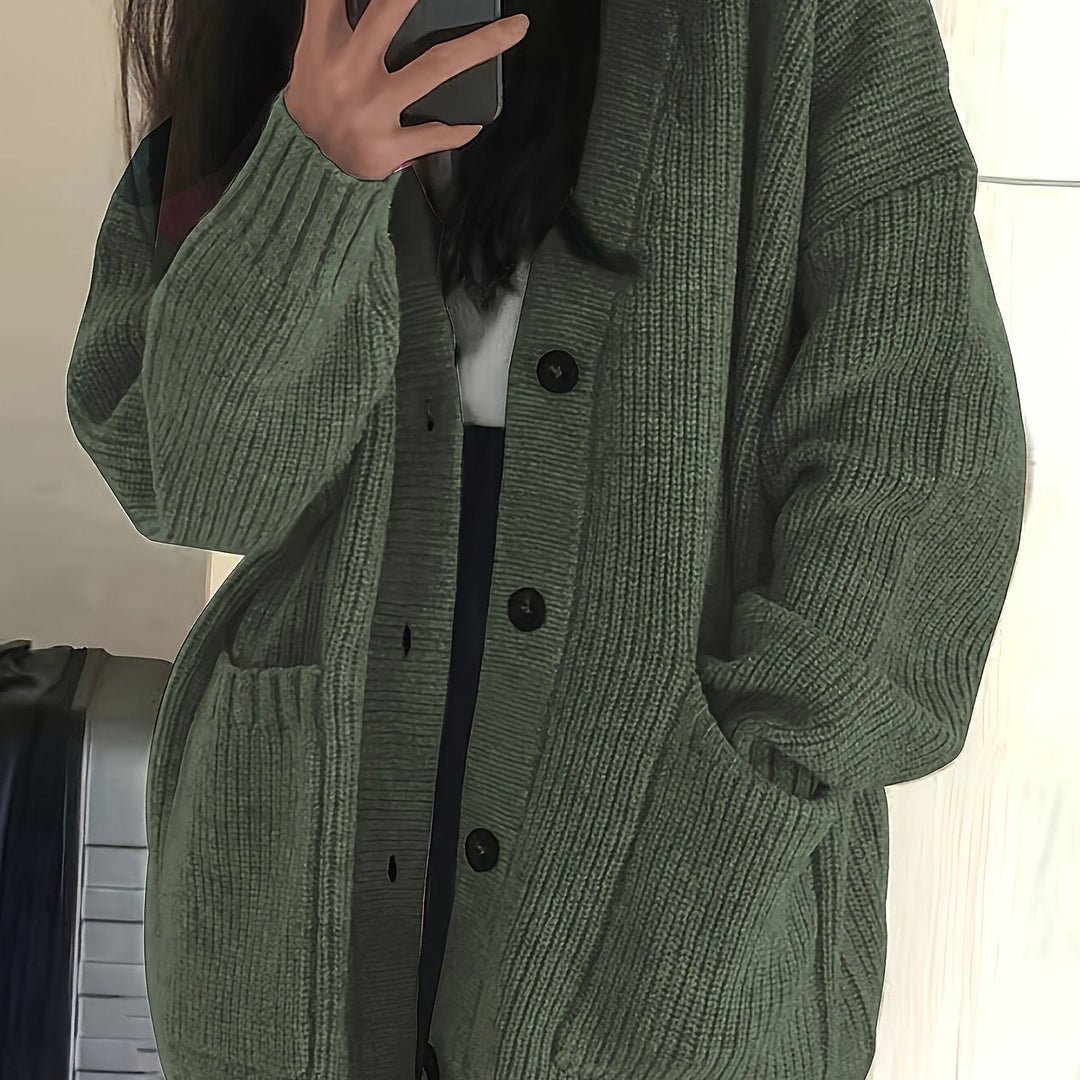 Relaxed Chunky Rib Knit Cardigan with Button Front and Pockets