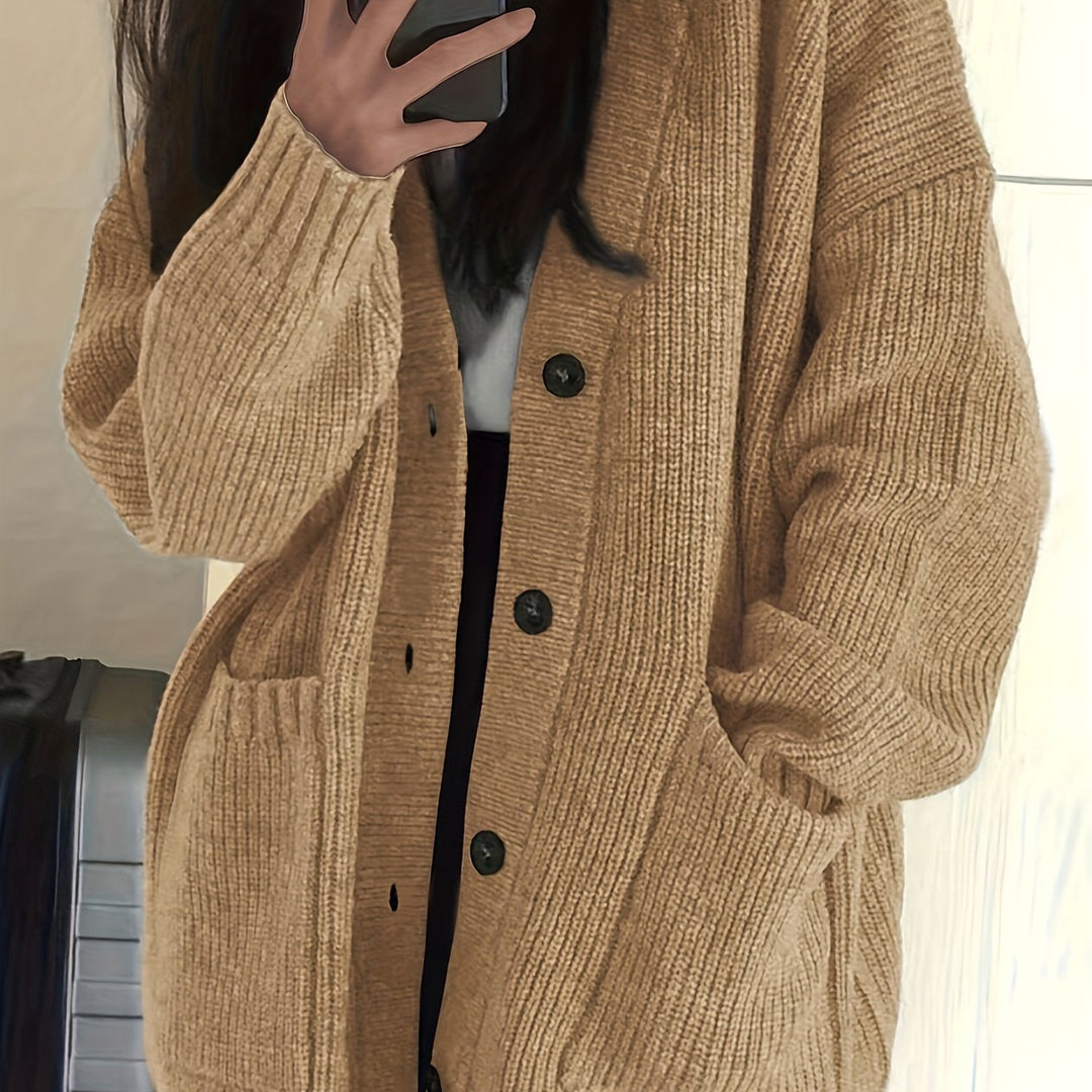 Relaxed Chunky Rib Knit Cardigan with Button Front and Pockets