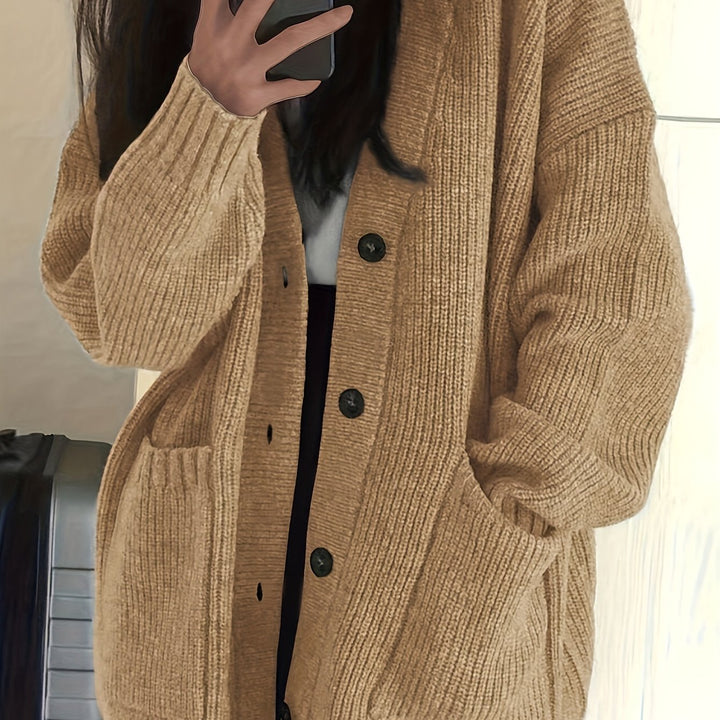 Relaxed Chunky Rib Knit Cardigan with Button Front and Pockets