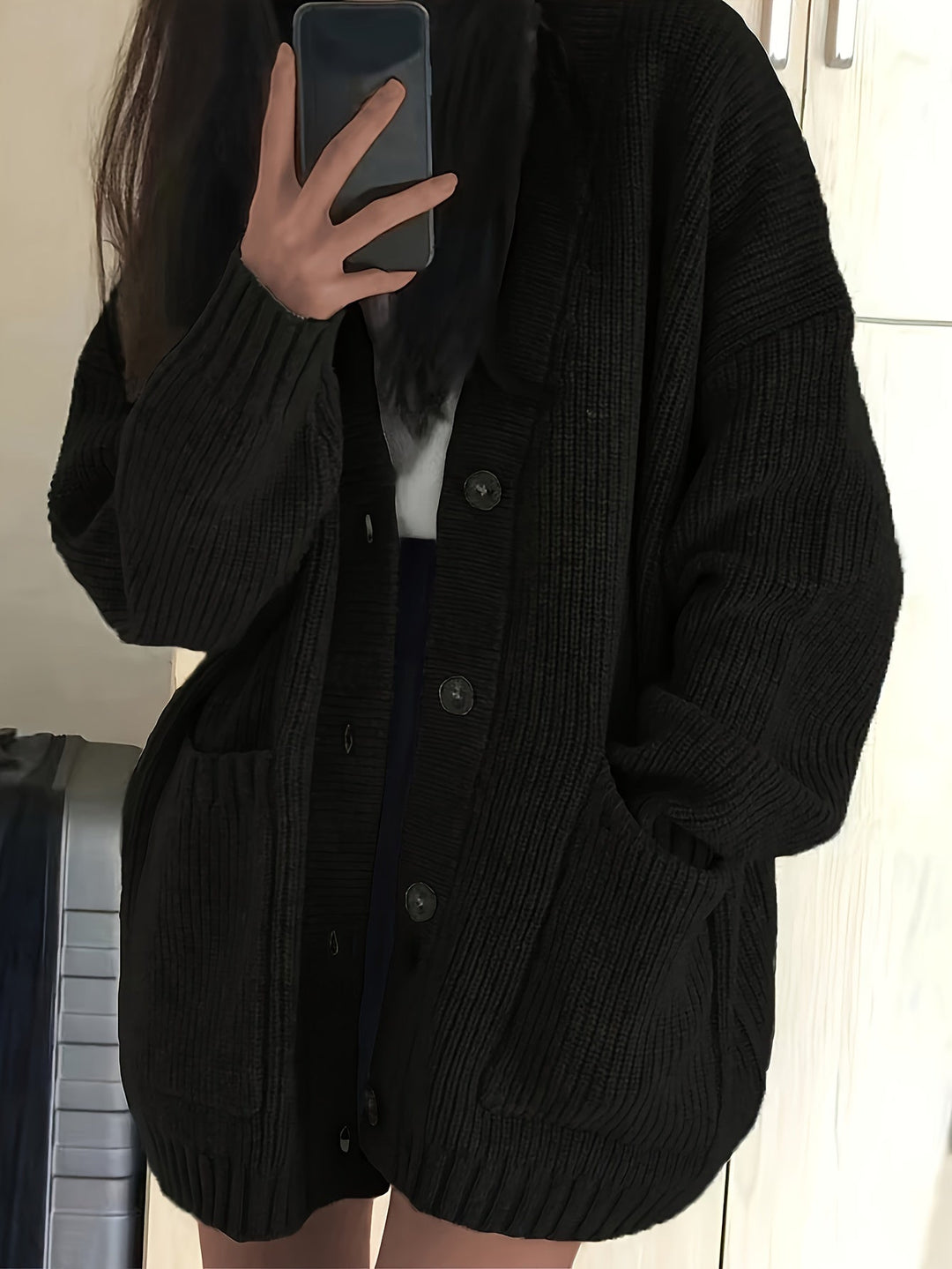 Relaxed Chunky Rib Knit Cardigan with Button Front and Pockets