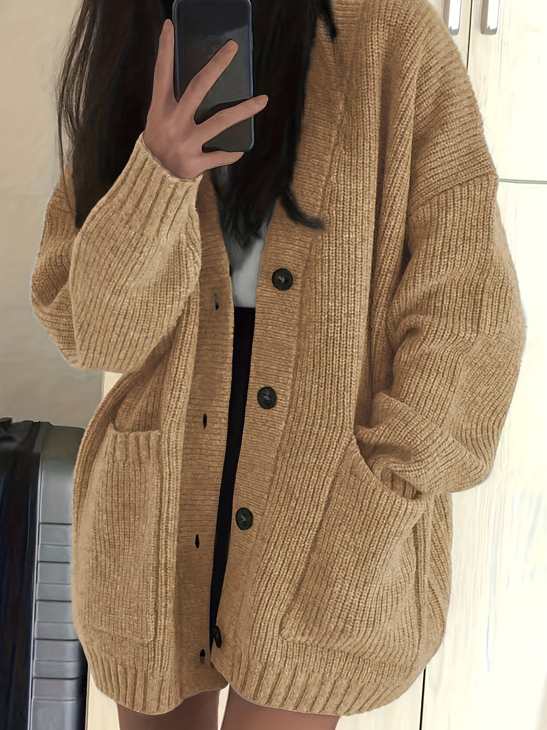 Relaxed Chunky Rib Knit Cardigan with Button Front and Pockets