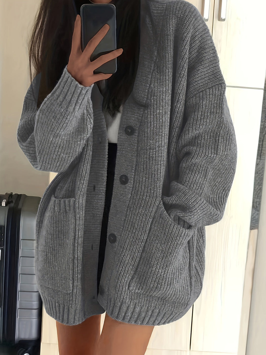 Relaxed Chunky Rib Knit Cardigan with Button Front and Pockets