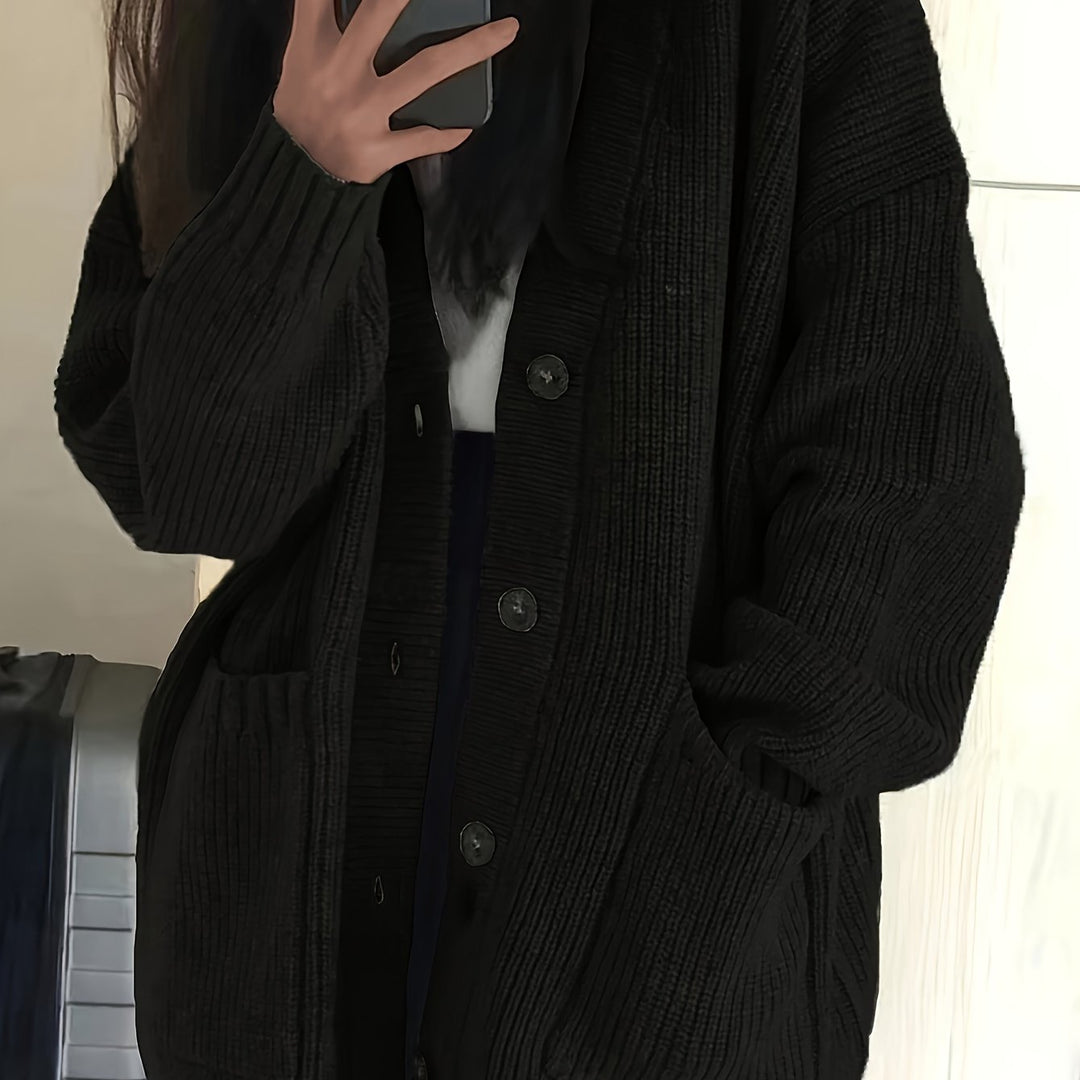 Relaxed Chunky Rib Knit Cardigan with Button Front and Pockets