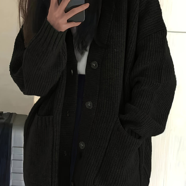 Relaxed Chunky Rib Knit Cardigan with Button Front and Pockets