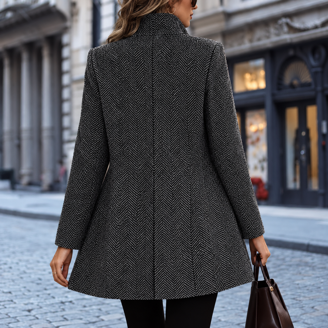 Relaxed Open Front Herringbone Wool-Look Coat in Mid-Thigh Length