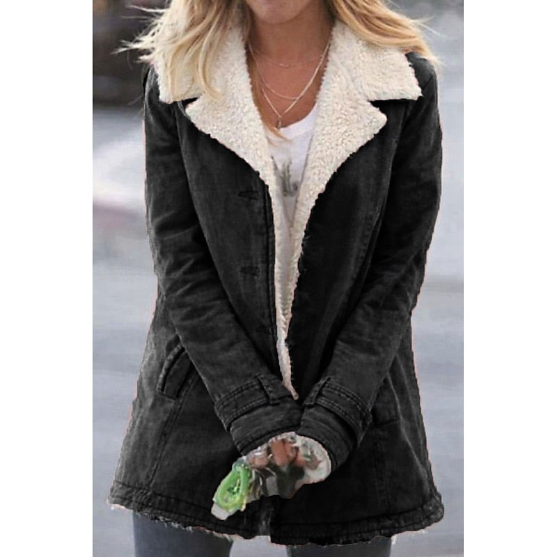 Sherpa-Lined Coat with Turndown Collar and Button Front