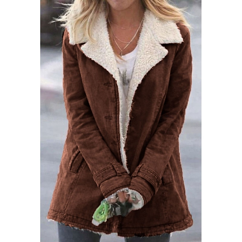 Sherpa-Lined Coat with Turndown Collar and Button Front