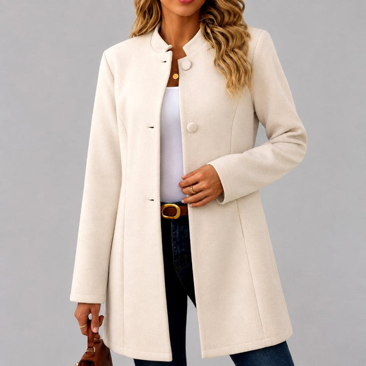 Stand-Collar Button-Front Mid-Length Coat with Side Pockets - Marl &amp; Mere