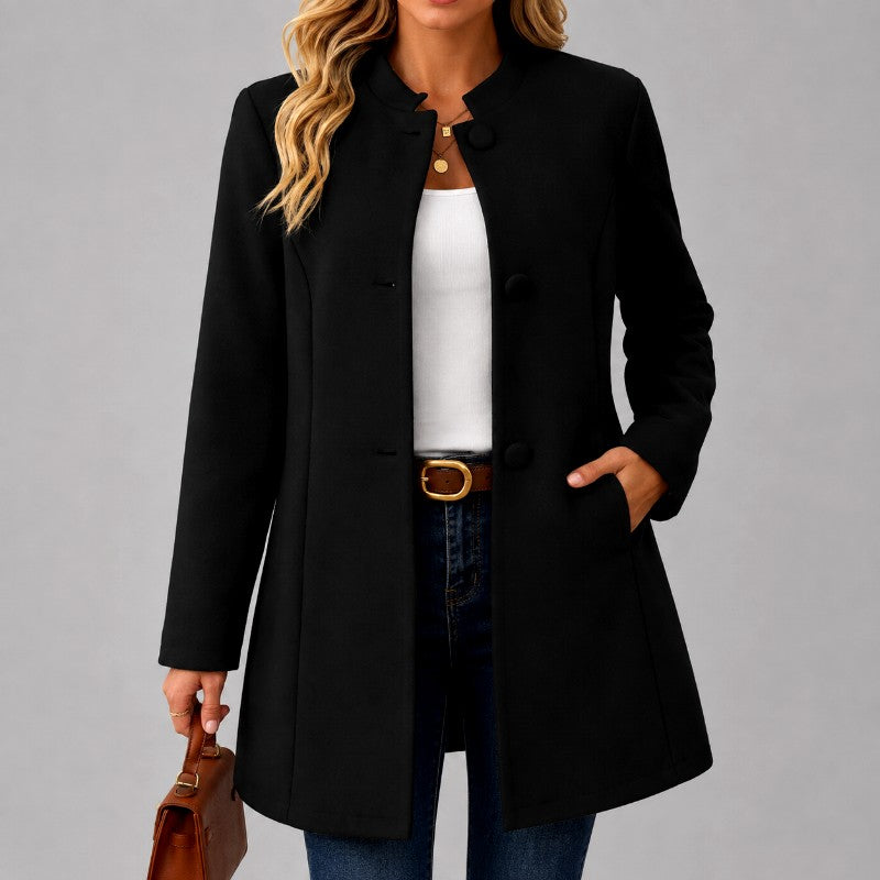 Stand-Collar Button-Front Mid-Length Coat with Side Pockets - Marl &amp; Mere