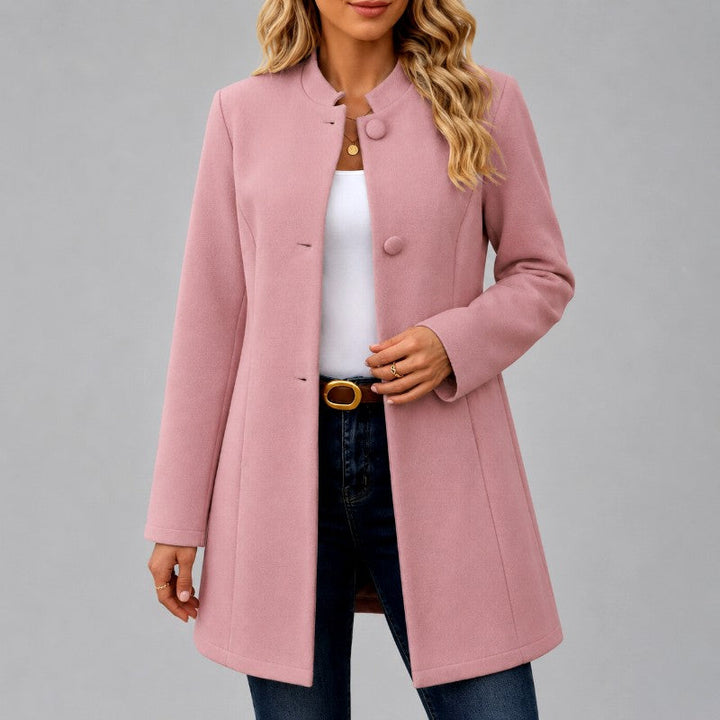 Stand-Collar Button-Front Mid-Length Coat with Side Pockets - Marl &amp; Mere