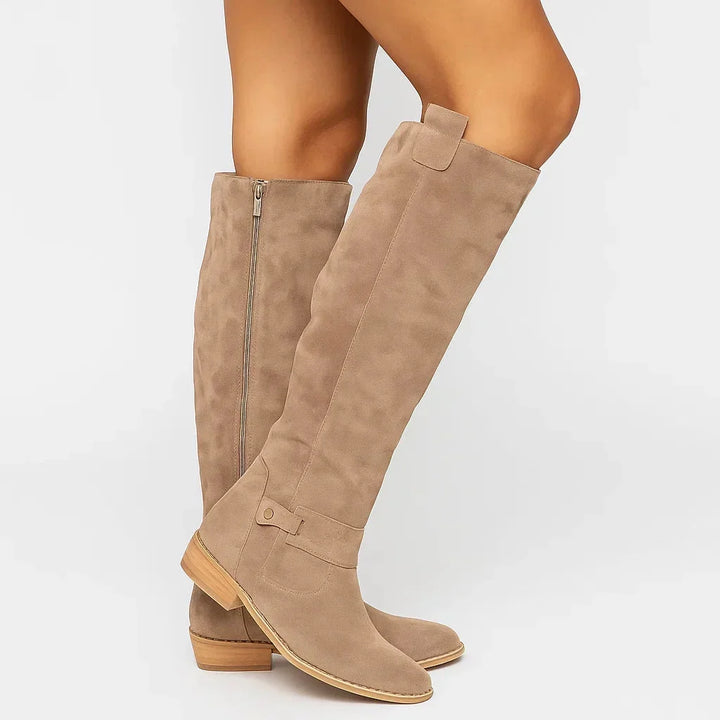 Suede Knee-High Boots with Block Heel and Side Zip