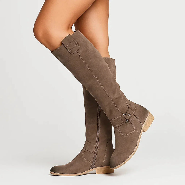 Suede Knee-High Boots with Block Heel and Side Zip
