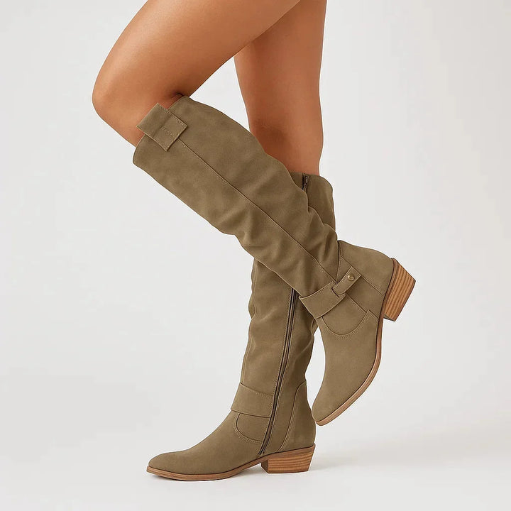 Suede Knee-High Boots with Block Heel and Side Zip