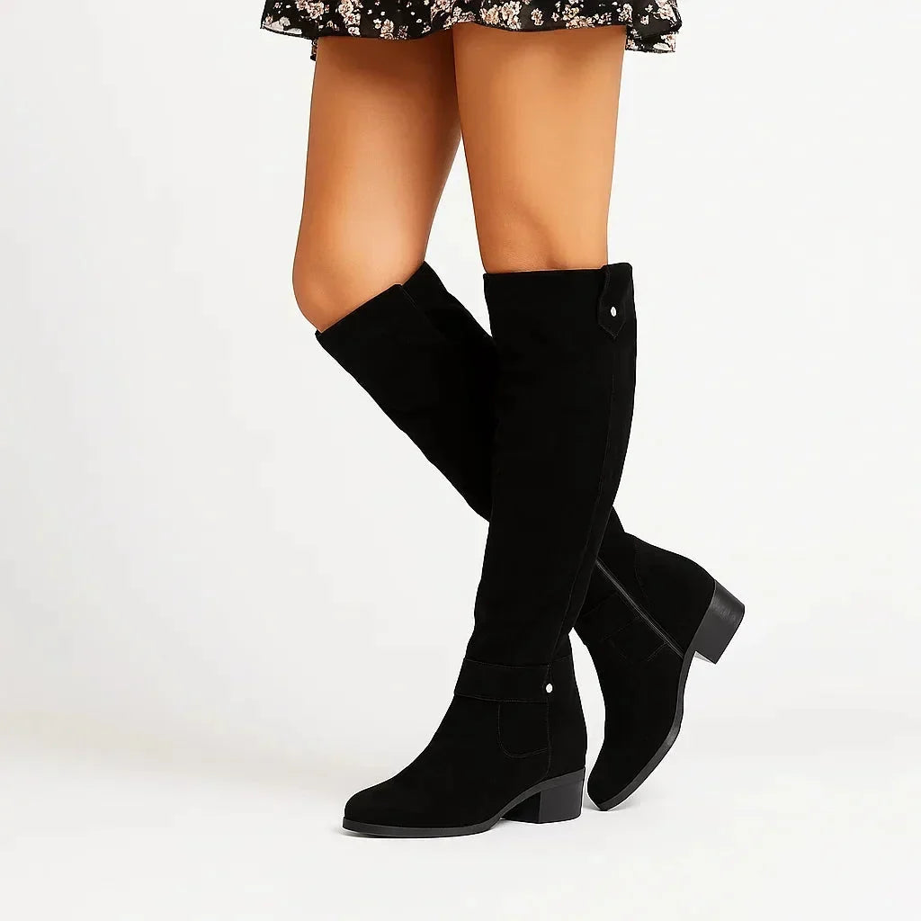 Suede Knee-High Boots with Block Heel and Side Zip - Marl &amp; Mere