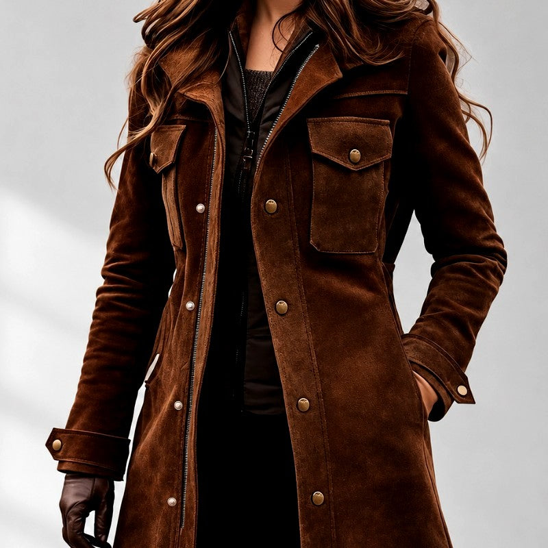 Suede Longline Utility Jacket with Flap Pockets and Tab Cuffs