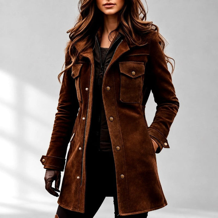 Suede Longline Utility Jacket with Flap Pockets and Tab Cuffs - Marl &amp; Mere