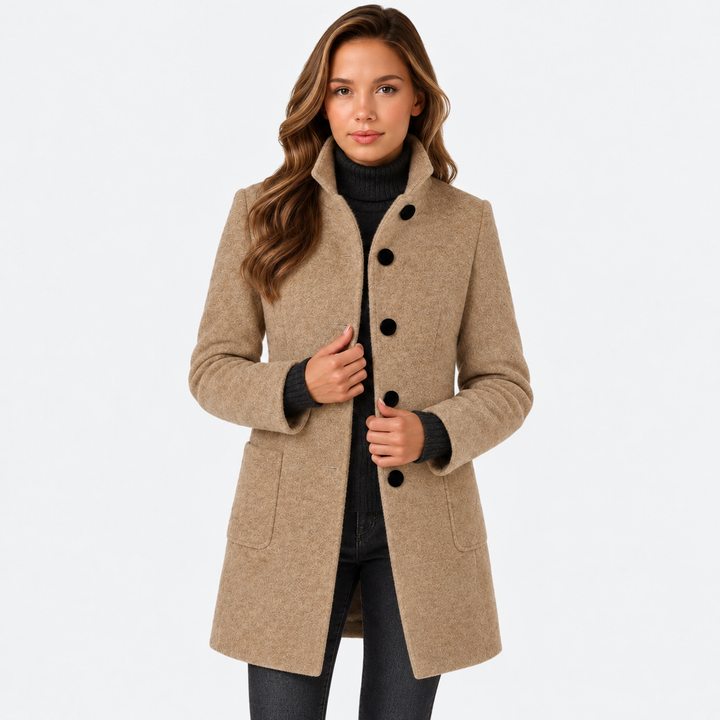 Tailored Long Wool-Blend Coat with Structured Stand Collar