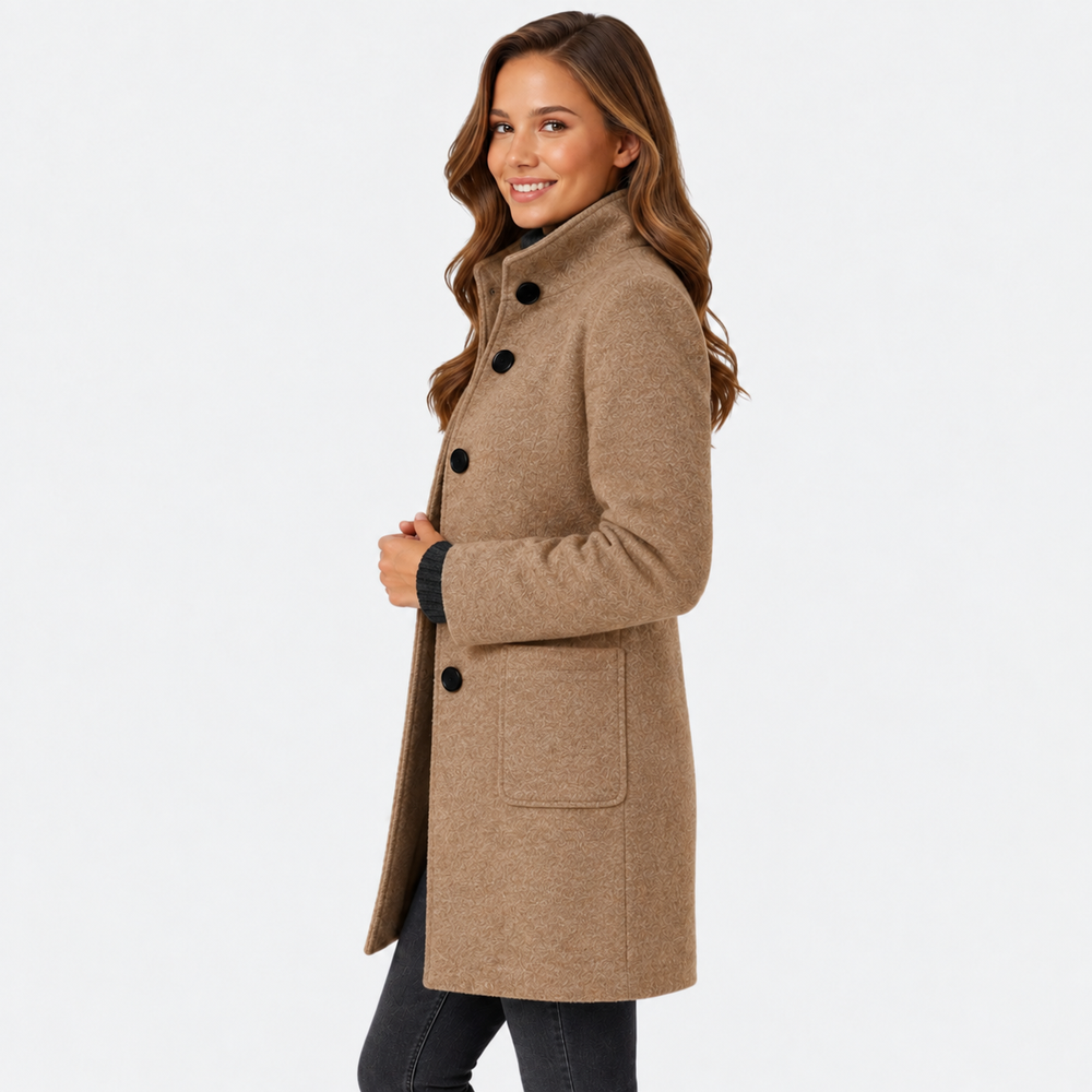 Tailored Long Wool-Blend Coat with Structured Stand Collar