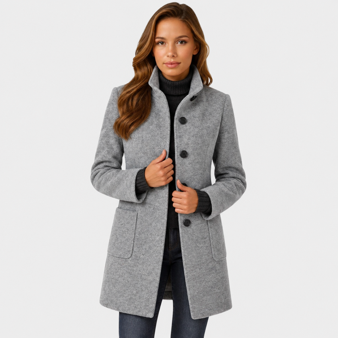 Tailored Long Wool-Blend Coat with Structured Stand Collar