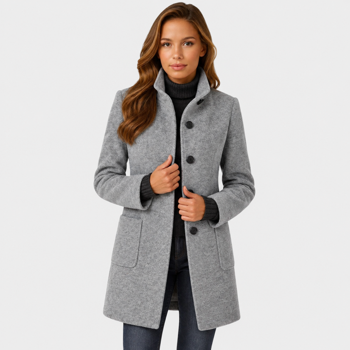 Tailored Long Wool-Blend Coat with Structured Stand Collar
