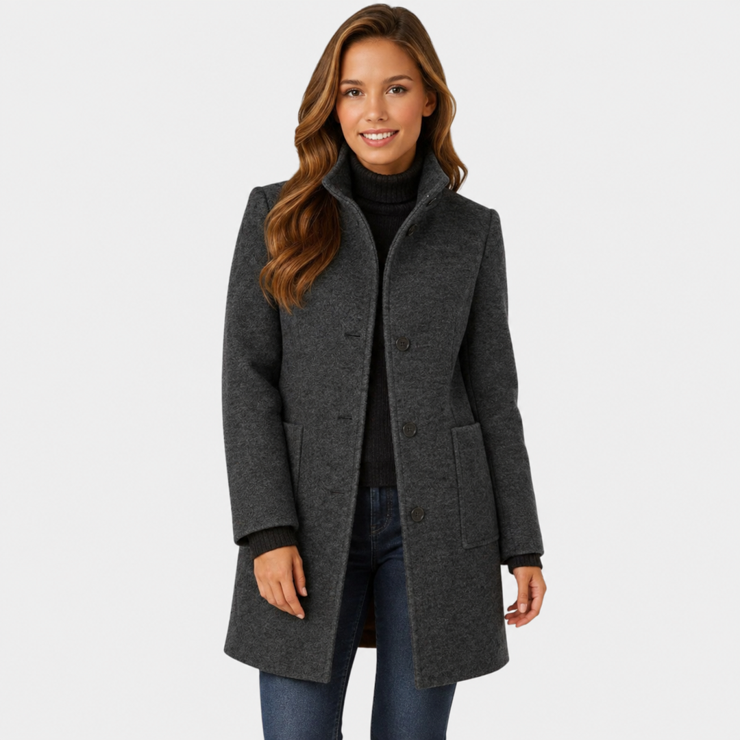 Tailored Long Wool-Blend Coat with Structured Stand Collar