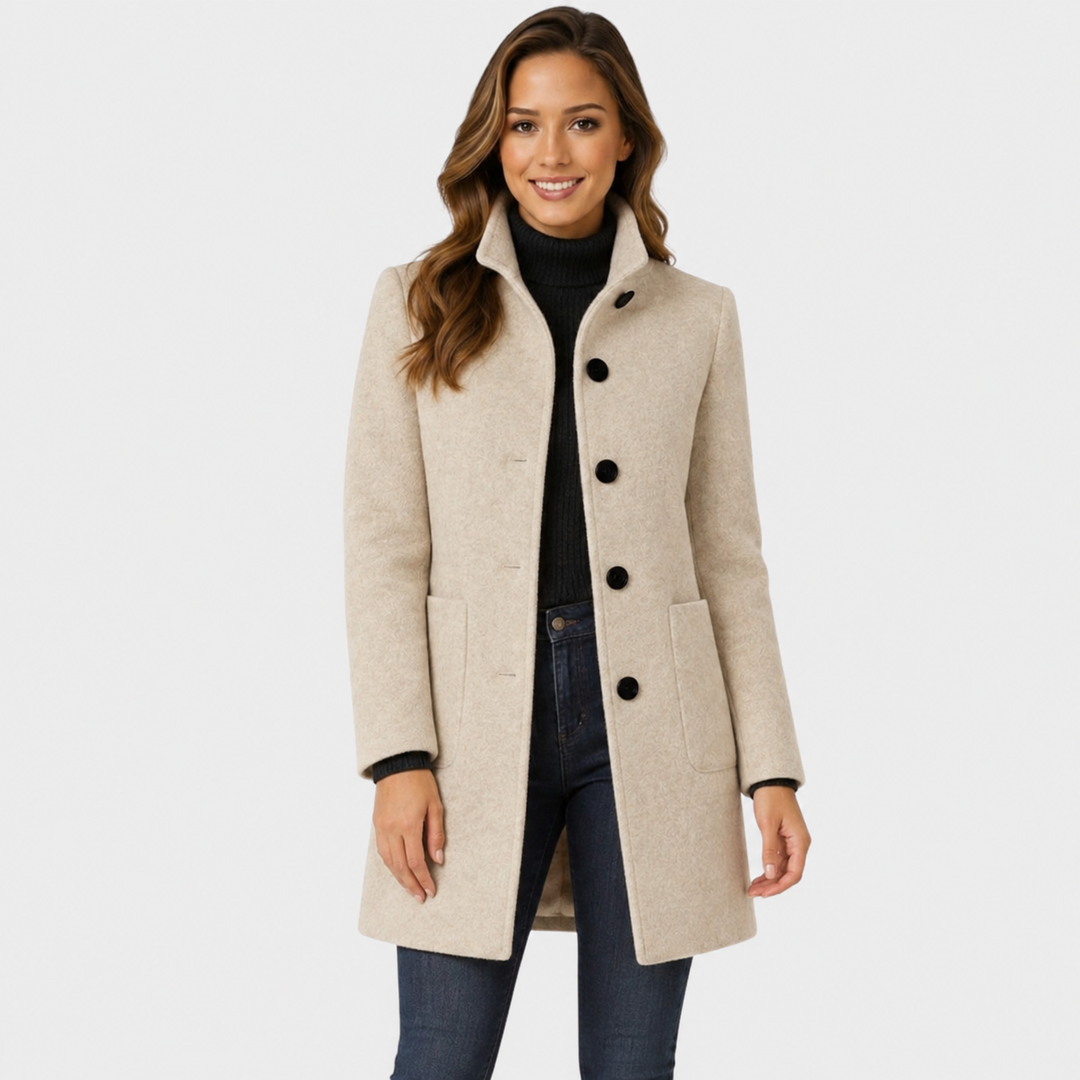 Tailored Long Wool-Blend Coat with Structured Stand Collar