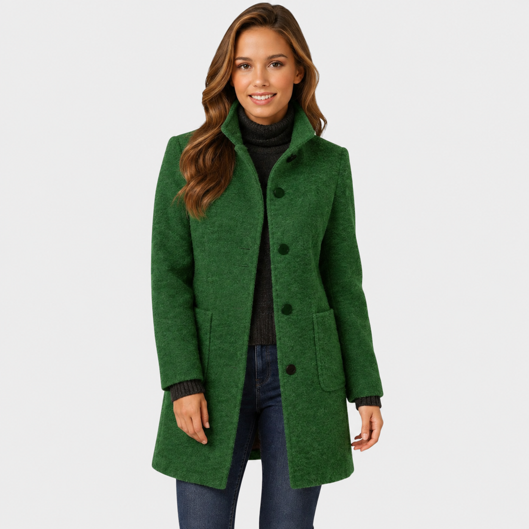 Tailored Long Wool-Blend Coat with Structured Stand Collar