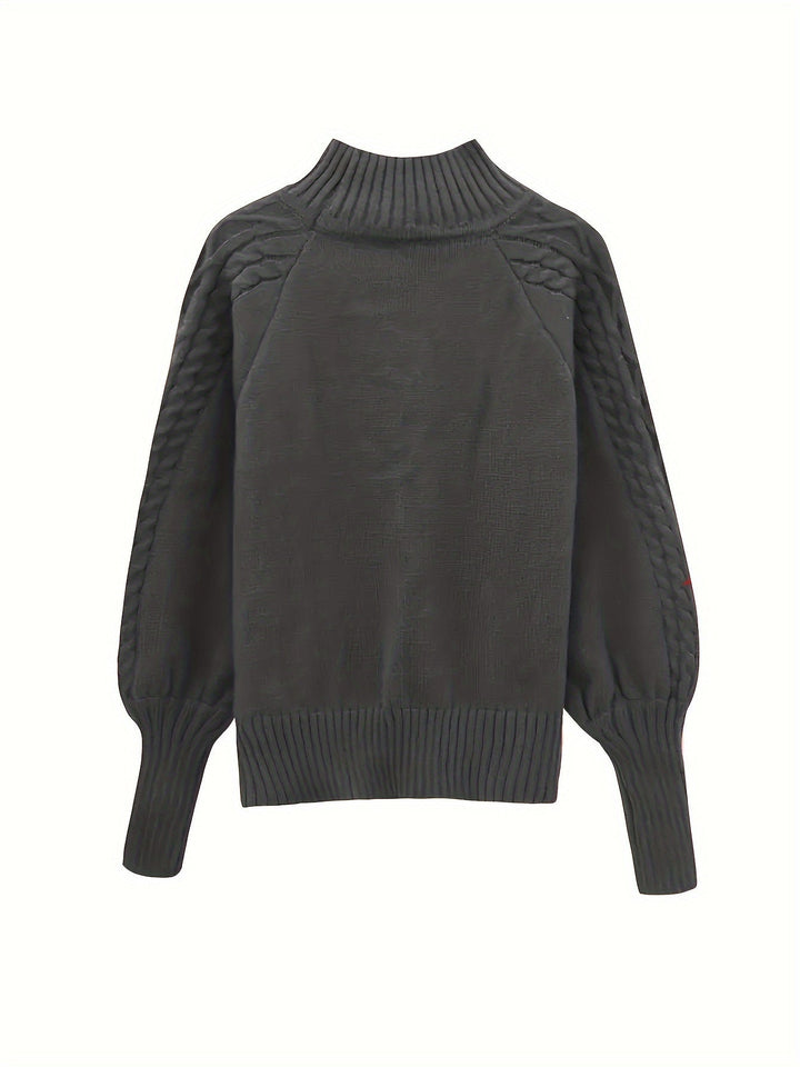 Textured Knit Half-Collar Jumper with Balloon Sleeves