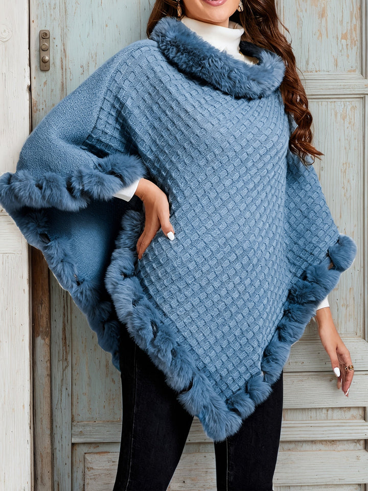 Textured Knit Poncho with Fur Trim and Roll Neck