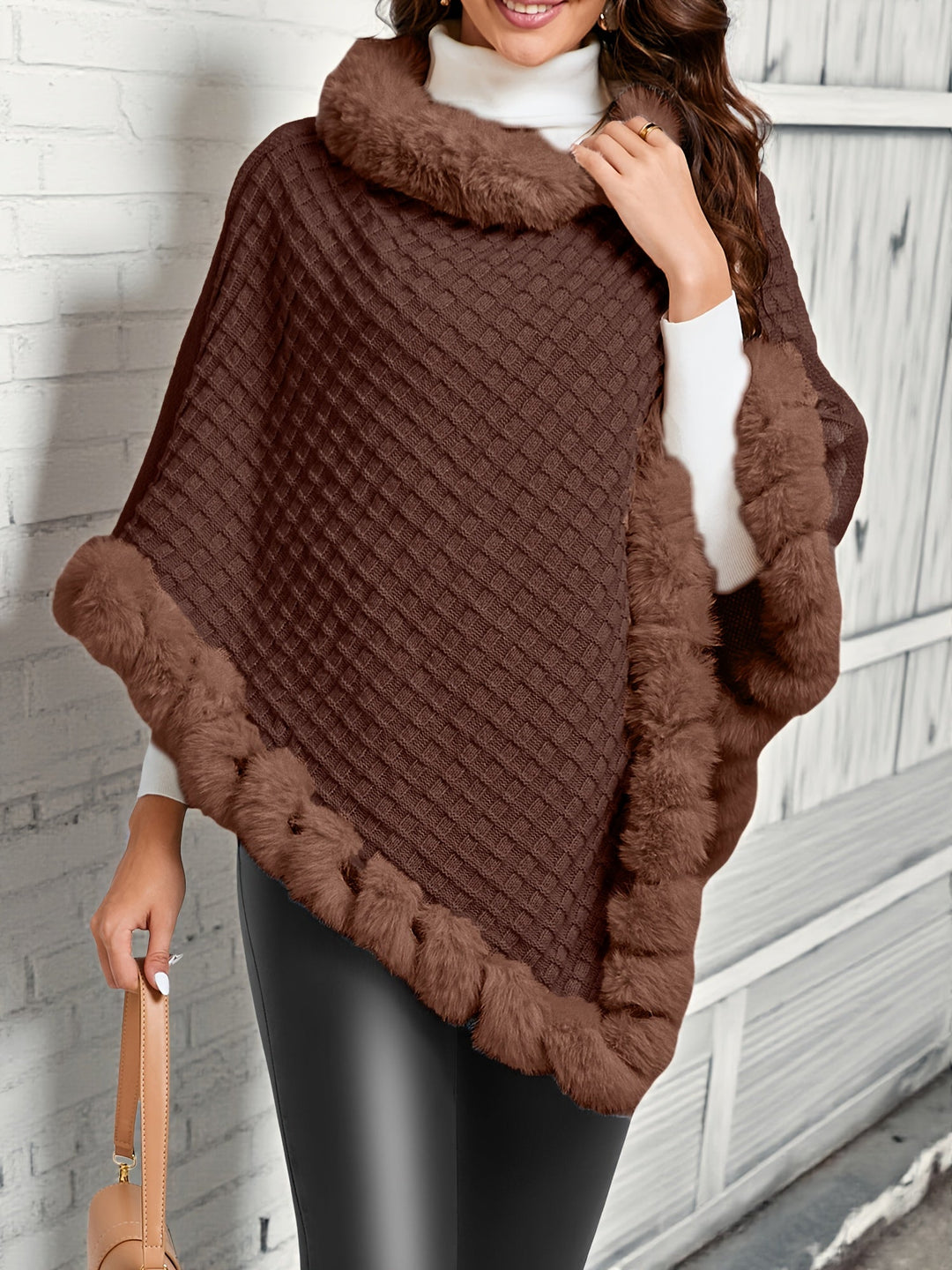 Textured Knit Poncho with Fur Trim and Roll Neck