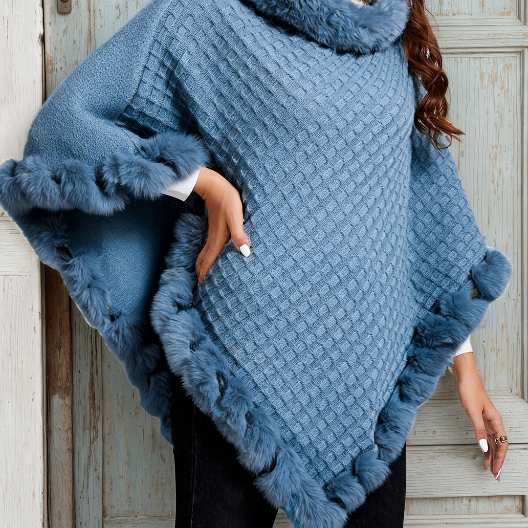 Textured Knit Poncho with Fur Trim and Roll Neck - Marl &amp; Mere