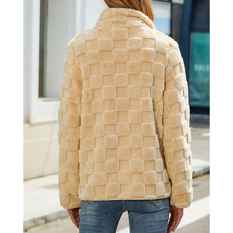 Textured Teddy Stand-Collar Zip Coat with Pockets
