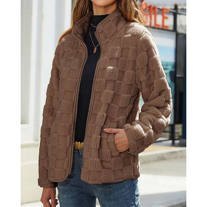 Textured Teddy Stand-Collar Zip Coat with Pockets