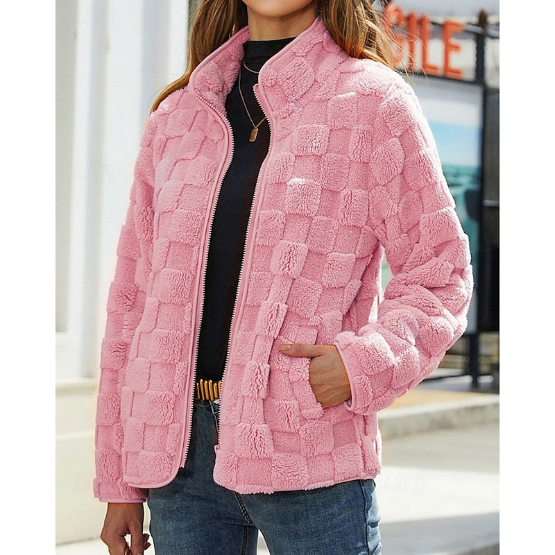 Textured Teddy Stand-Collar Zip Coat with Pockets