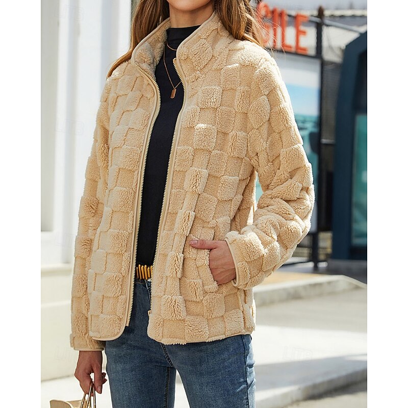 Textured Teddy Stand-Collar Zip Coat with Pockets - Marl & Mere