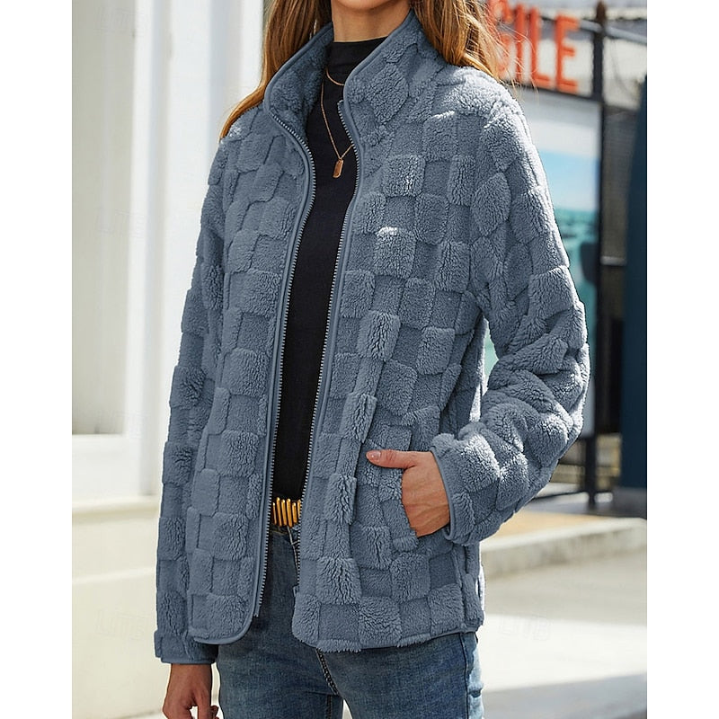 Textured Teddy Stand-Collar Zip Coat with Pockets - Marl &amp; Mere