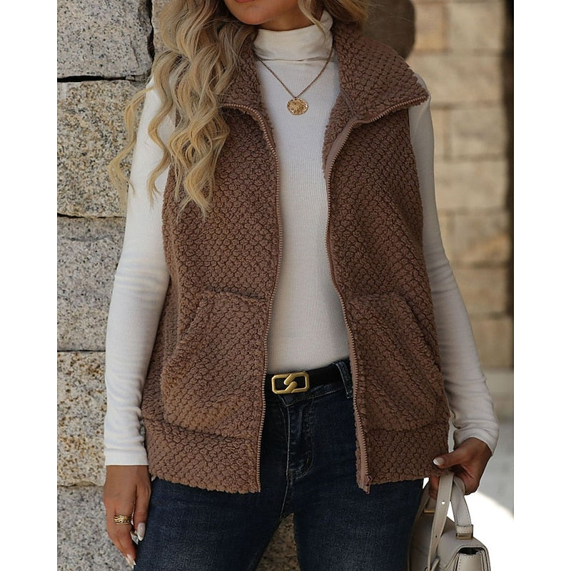 Textured Teddy Zip Gilet with Collar and Pockets