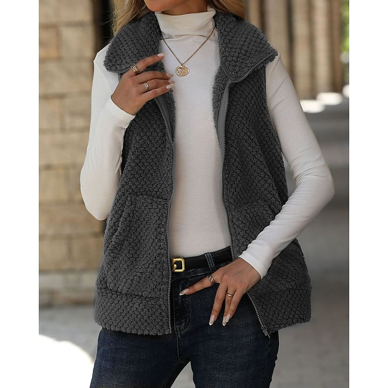 Textured Teddy Zip Gilet with Collar and Pockets