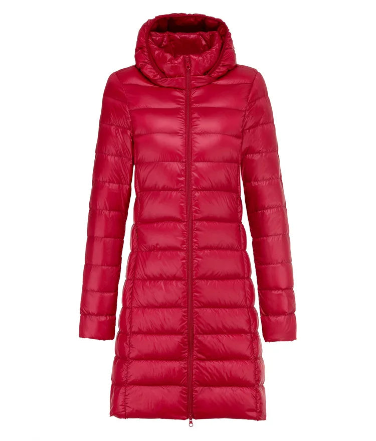 Ultralight Long Down Puffer Coat with Removable Collar and Slim Fit - Marl &amp; Mere
