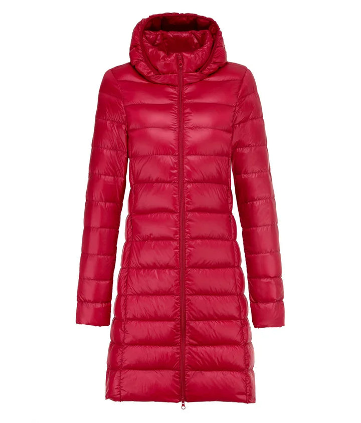 Ultralight Long Down Puffer Coat with Removable Collar and Slim Fit - Marl &amp; Mere