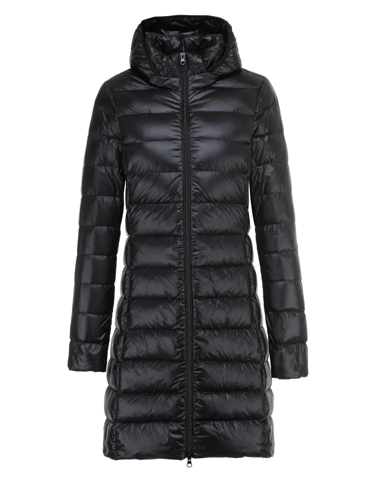 Ultralight Long Down Puffer Coat with Removable Collar and Slim Fit - Marl &amp; Mere