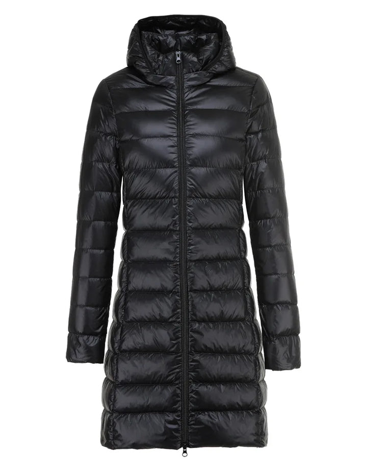 Ultralight Long Down Puffer Coat with Removable Collar and Slim Fit - Marl &amp; Mere
