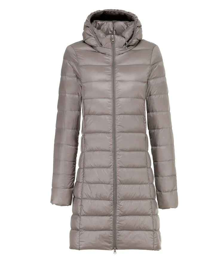 Ultralight Long Down Puffer Coat with Removable Collar and Slim Fit - Marl &amp; Mere